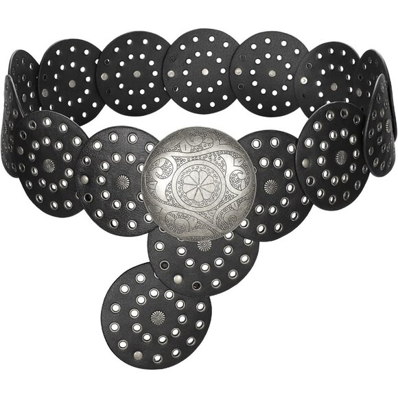 Women\'s Vintage Leather Belt Western Disc Waist Belts Belt Black Silver Buckle main image 6